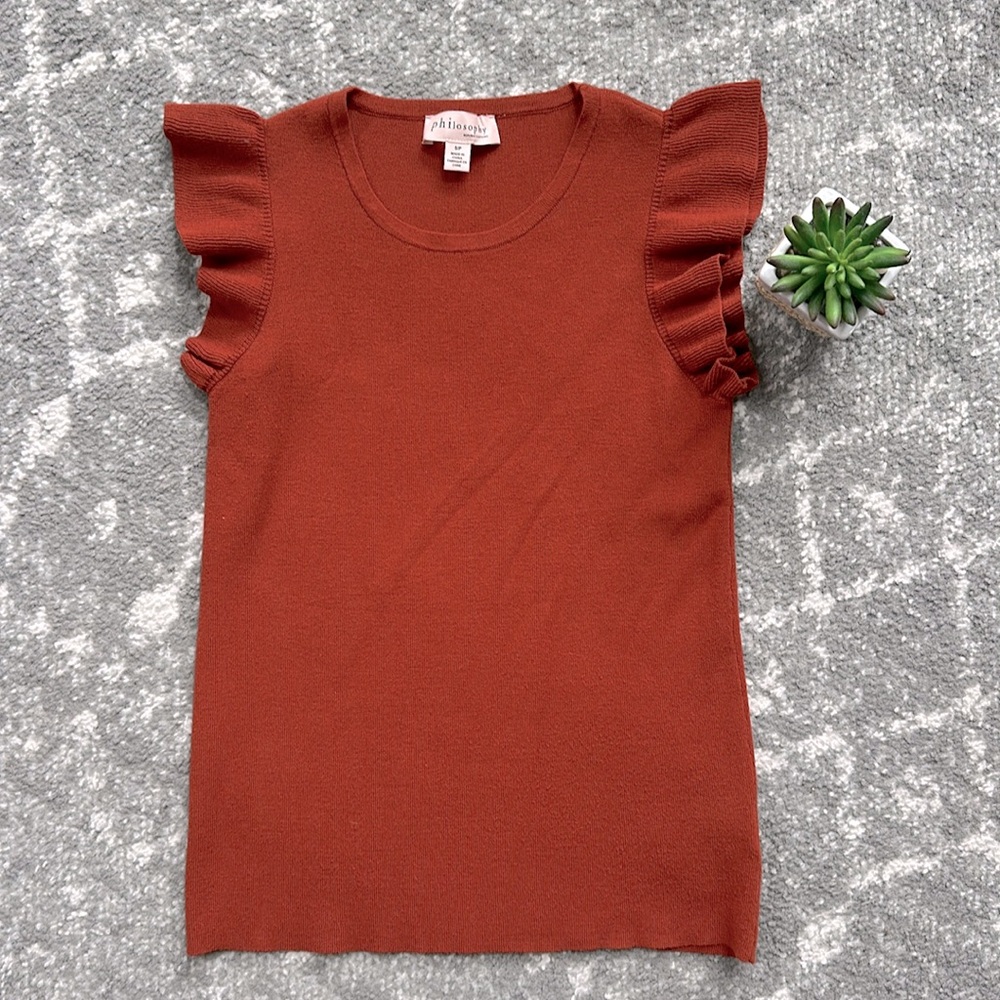 Philosophy 💚 Rust Sweater Top with Ruffle Sleeves